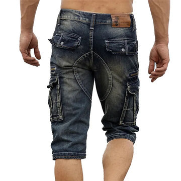 Wiaofellas Vintage Men's Fashion Cargo Denim Shorts With Multi Pockets Slim Fit Military Jeans Shorts For Male Washed